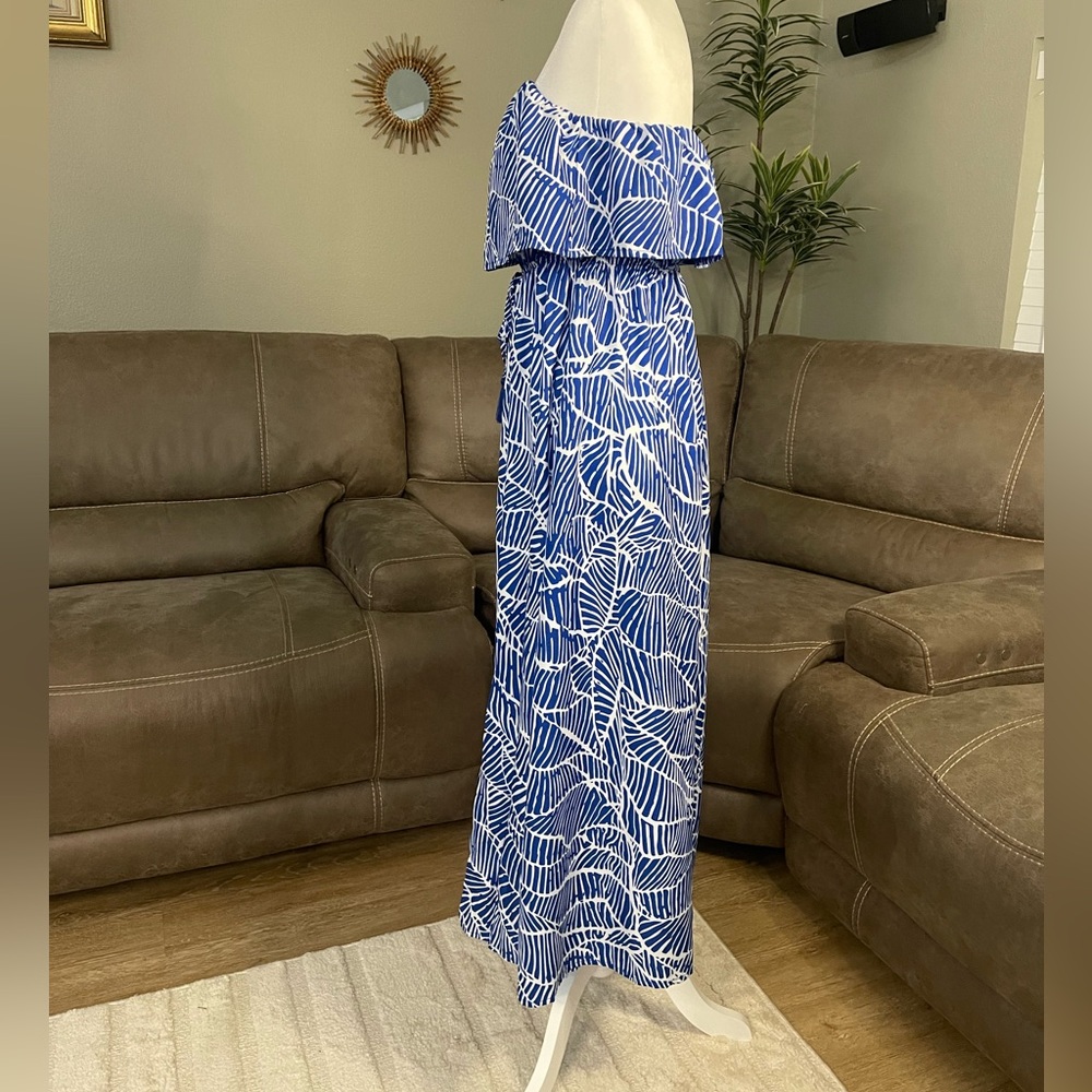 Blue & White Print Strapless Flowy Maxi Dress Sz L Large - Picture 9 of 12